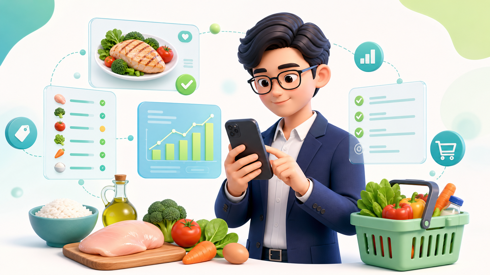 3D 卡通人物操作手機，周圍配置食材、成本圖表、採購清單與購物車介面